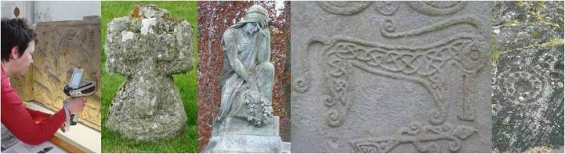 Four images - a lady using a p-XRF to analyse pigments on a stone, a small grave cross, a stature of a weeping girl and a pictish animal